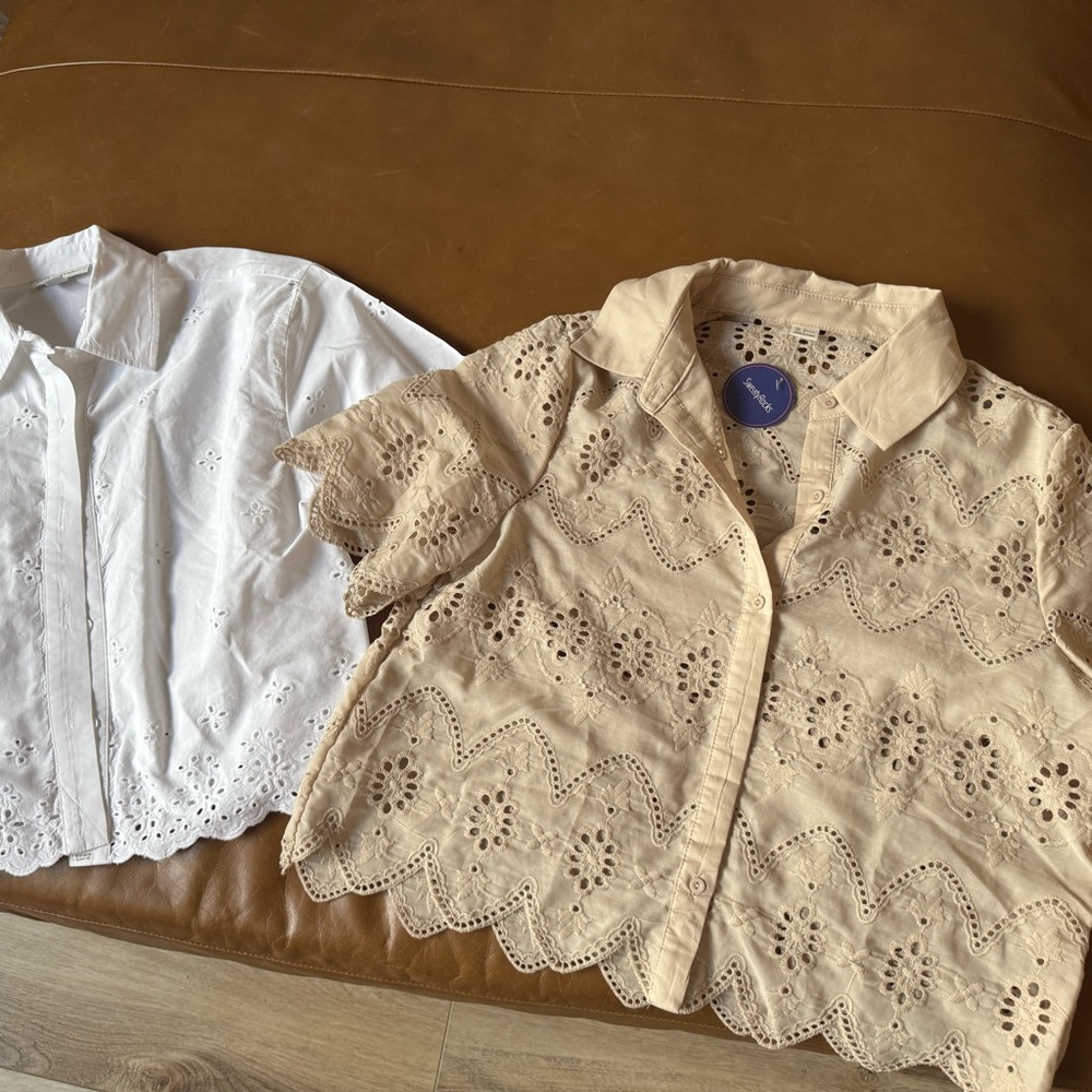 Eyelet Button-Front Kids Top - Cream